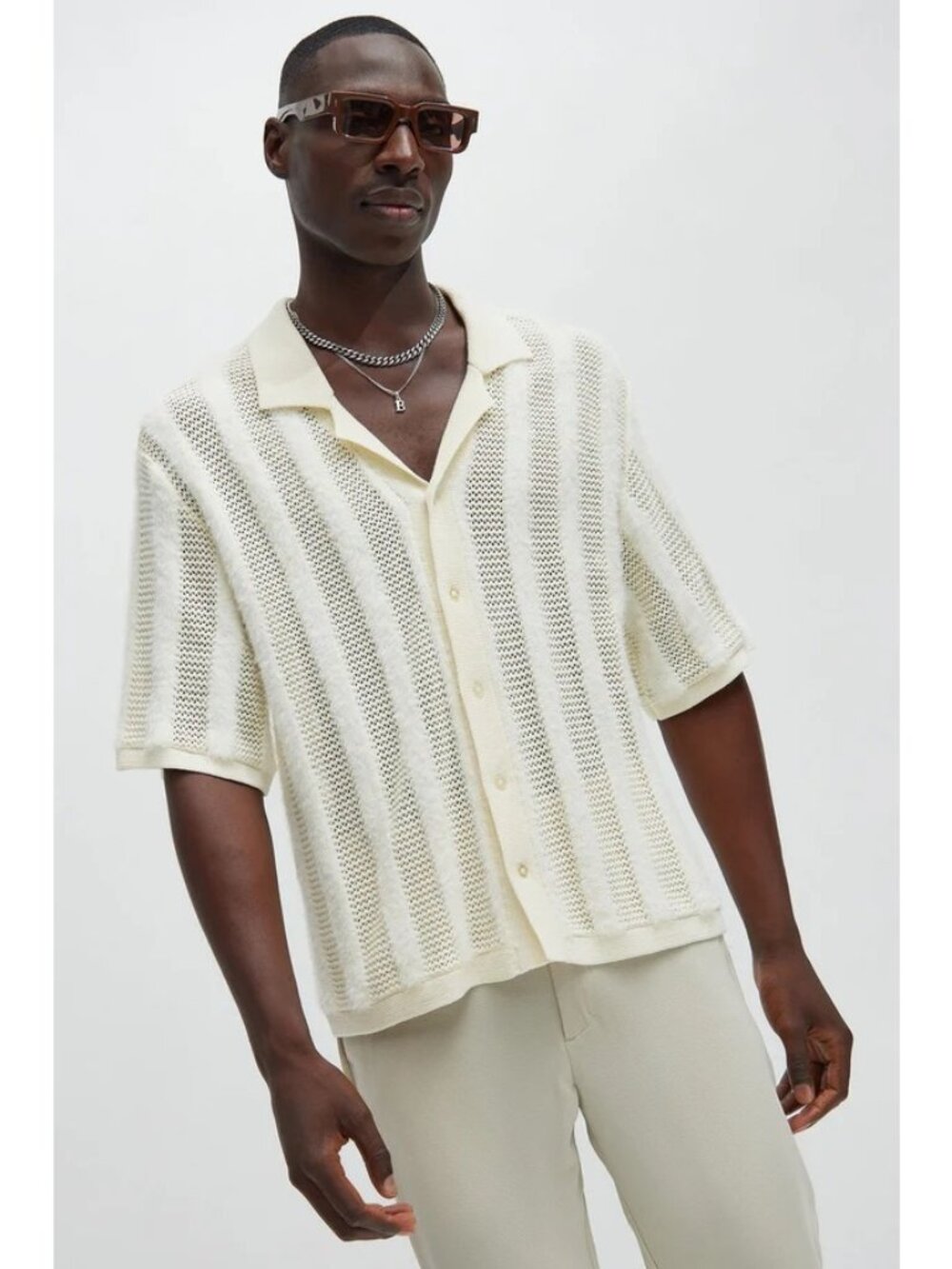 Nova Men Button Down Shirt Striped Textured Knit Size Large White Short Sleeve